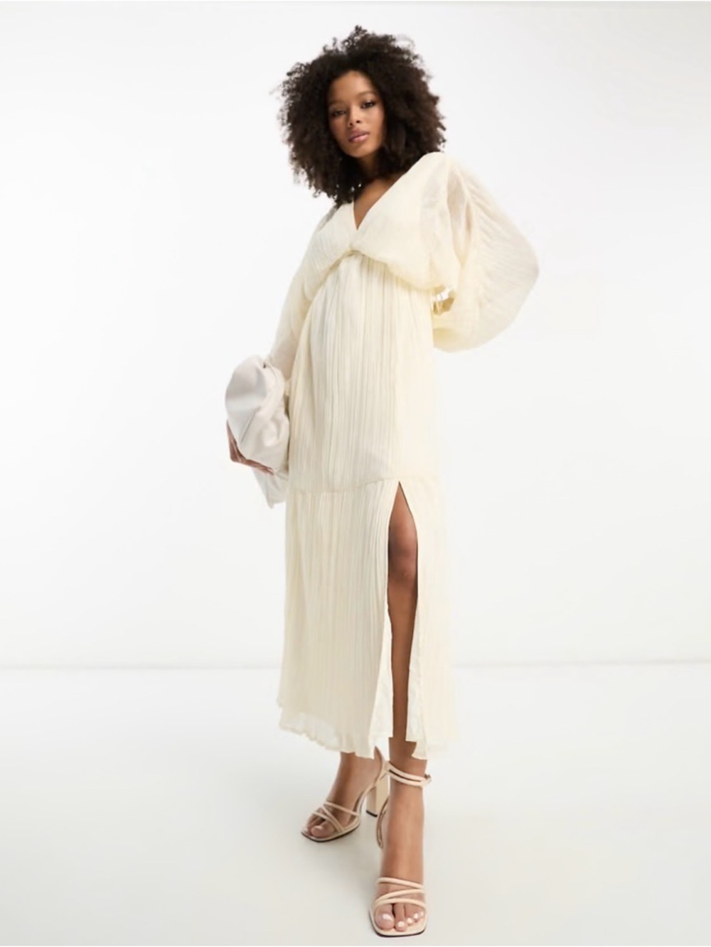 ASOS Cream Pleated V-Neck Maxi Dress with Balloon Sleeves